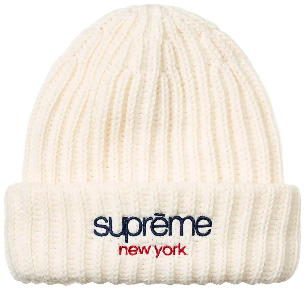 SUPREME CLASSIC LOGO CHUNKY RIBBED BEANIE WHITE