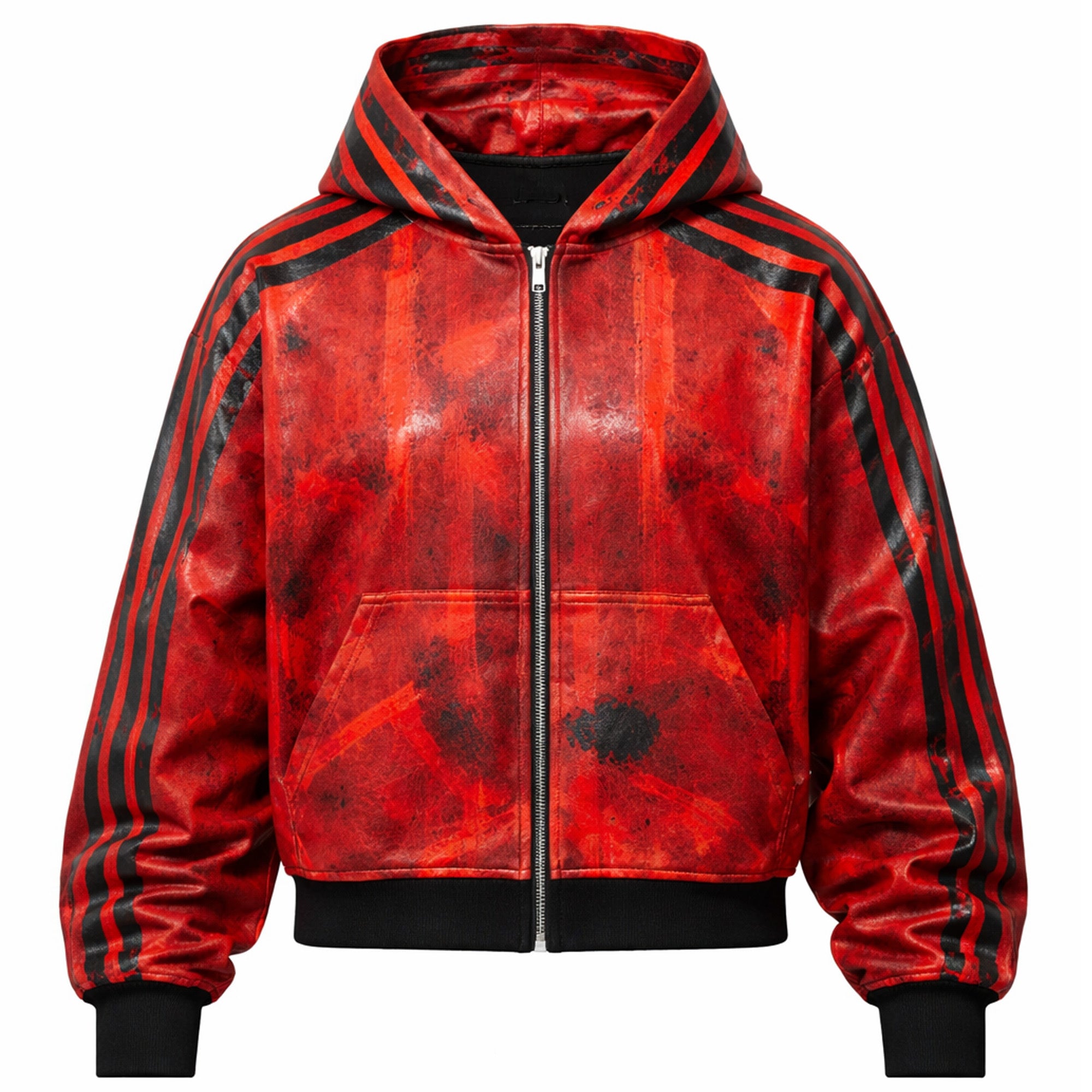 PLA4 BLACK STRIPES WAXED RED ZIP HOODIE