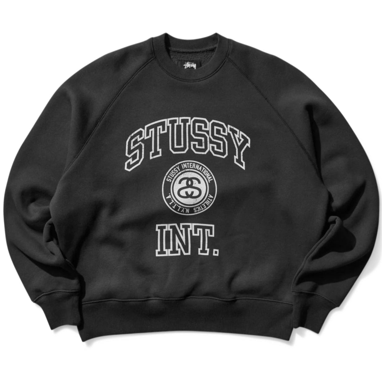 Stussy Overlock Varsity Raglan Crewneck Sweatshirt Washed Black