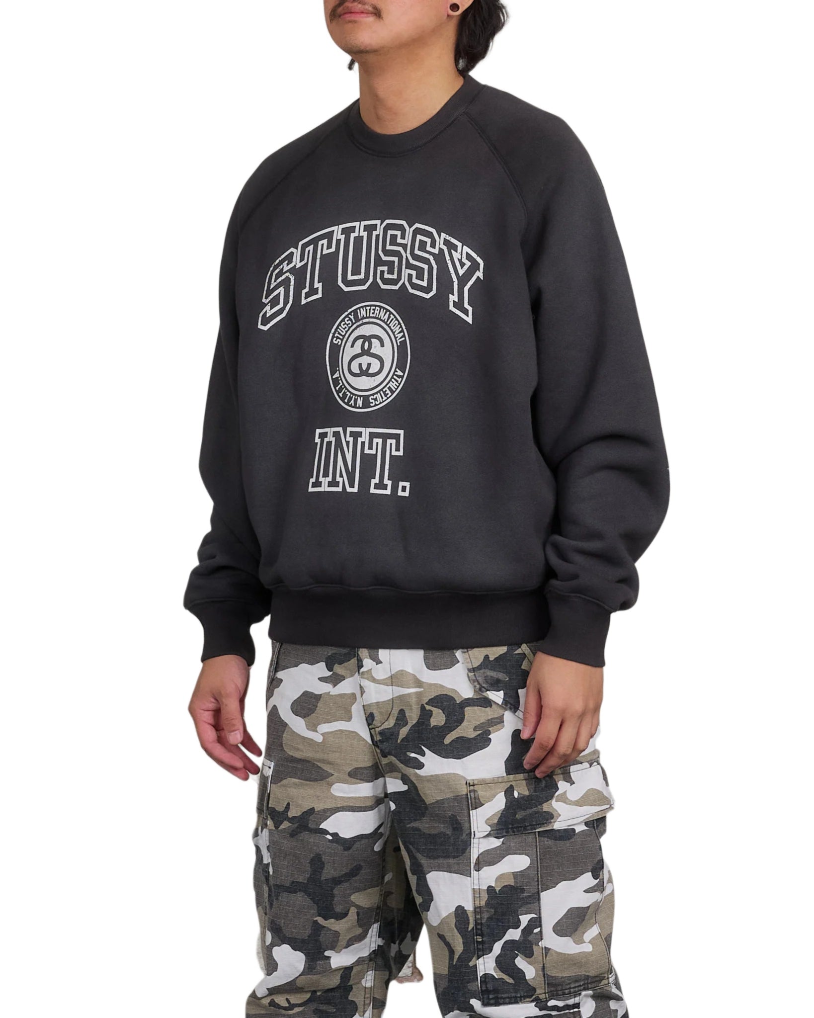 Stussy Overlock Varsity Raglan Crewneck Sweatshirt Washed Black