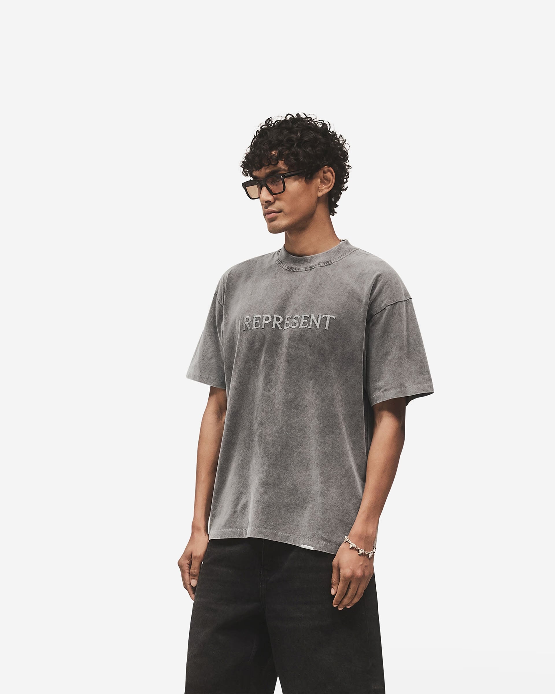 Represent Embroidered Serif Logo T-Shirt Vintage Grey