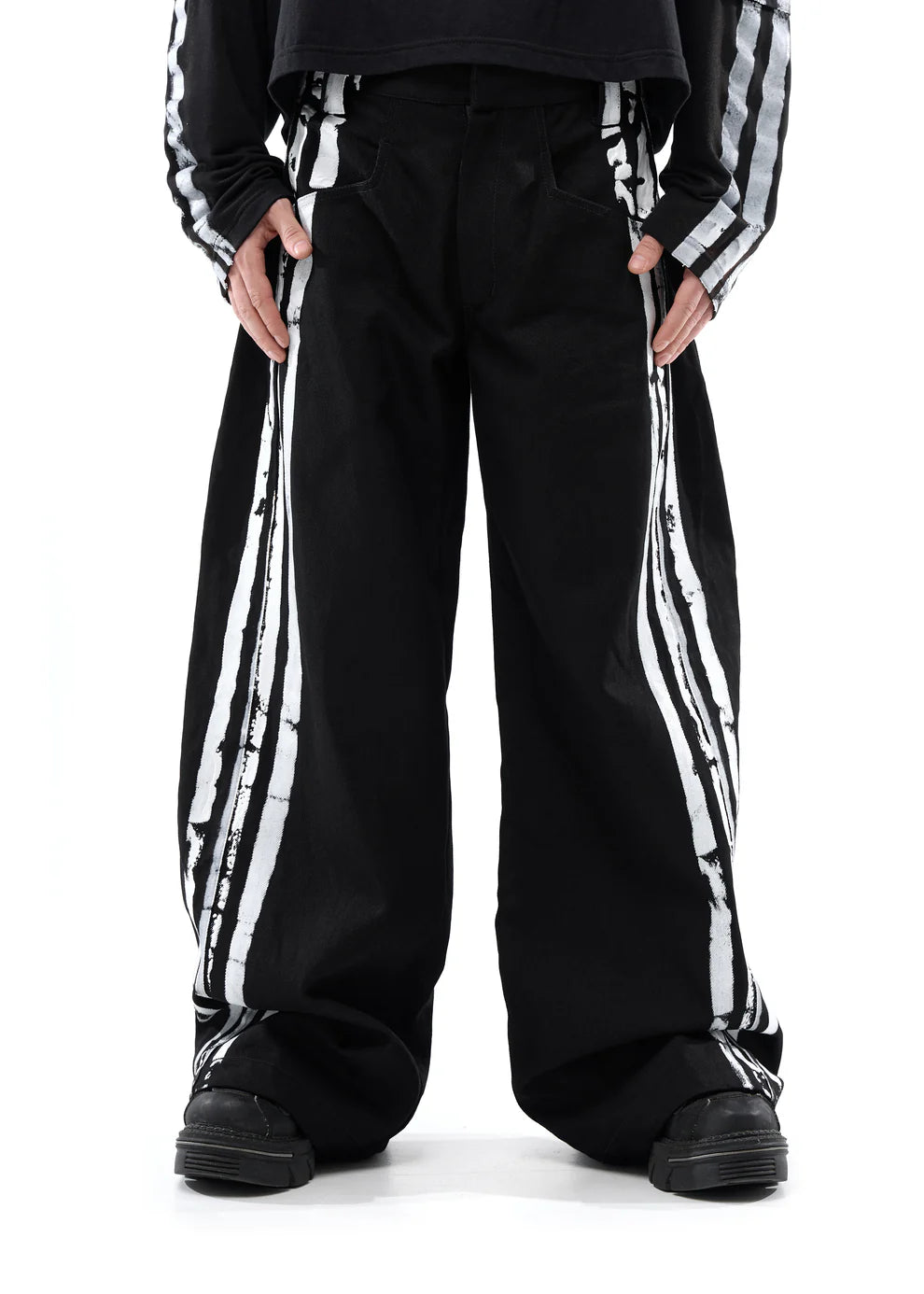 Pla4 Stripes Canvas Wide Jeans Black