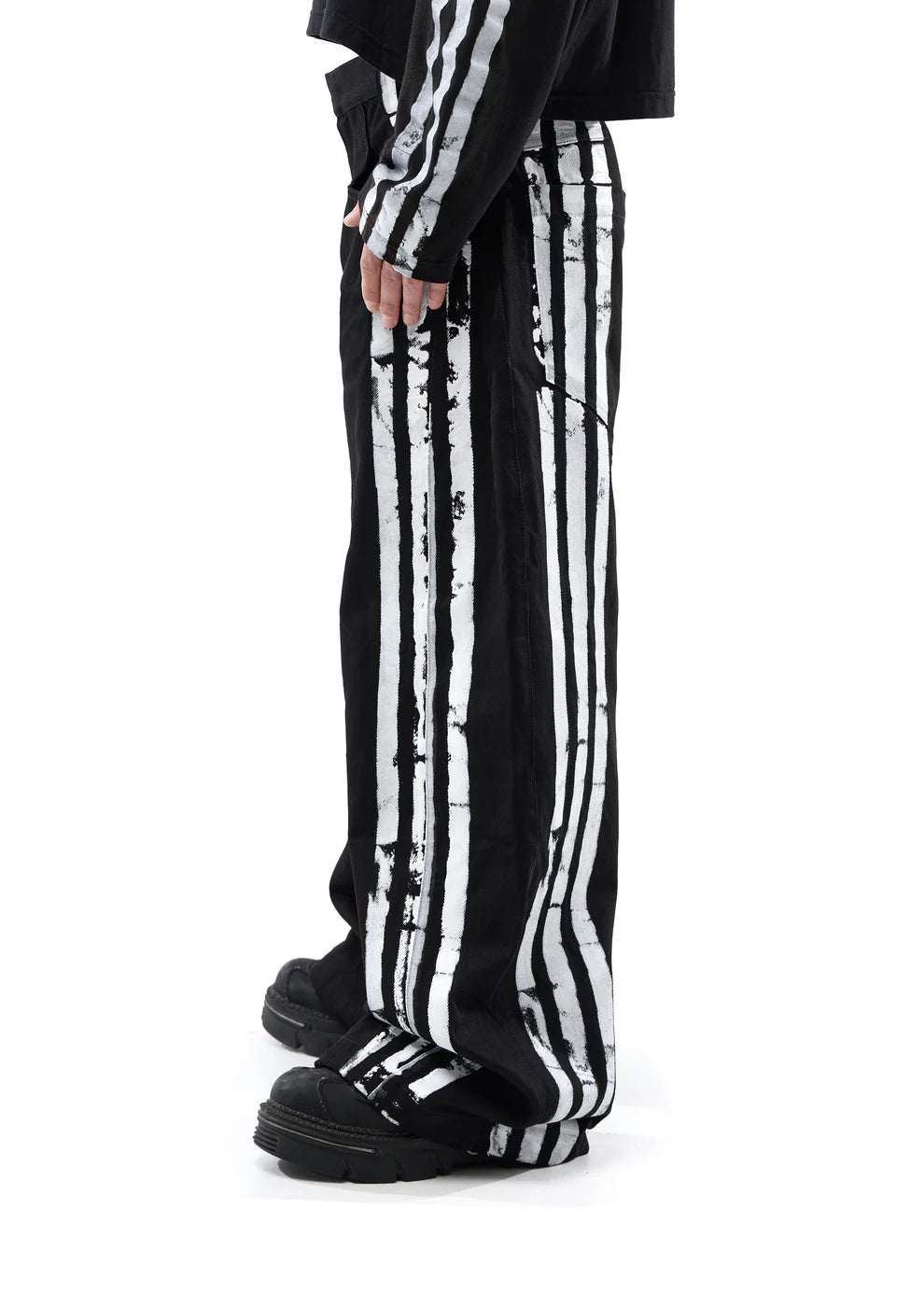 Pla4 Stripes Canvas Wide Jeans Black