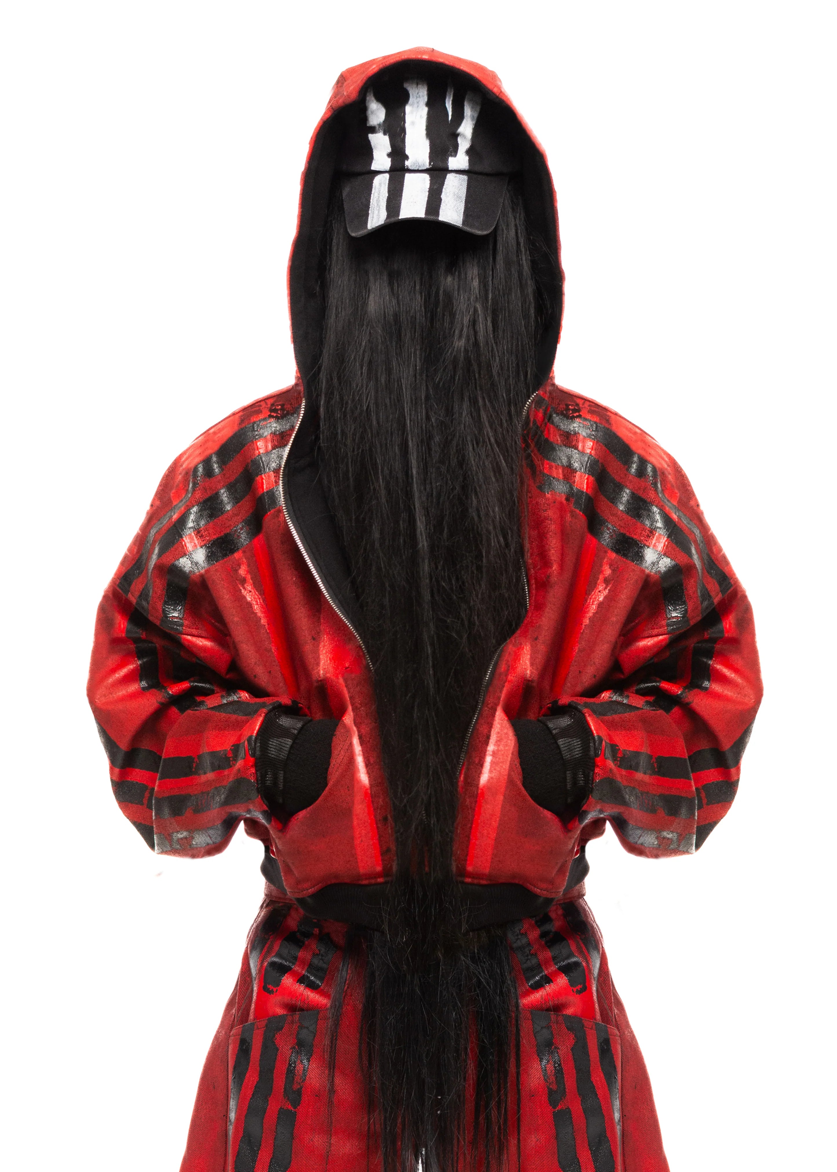 PLA4 BLACK STRIPES WAXED RED ZIP HOODIE